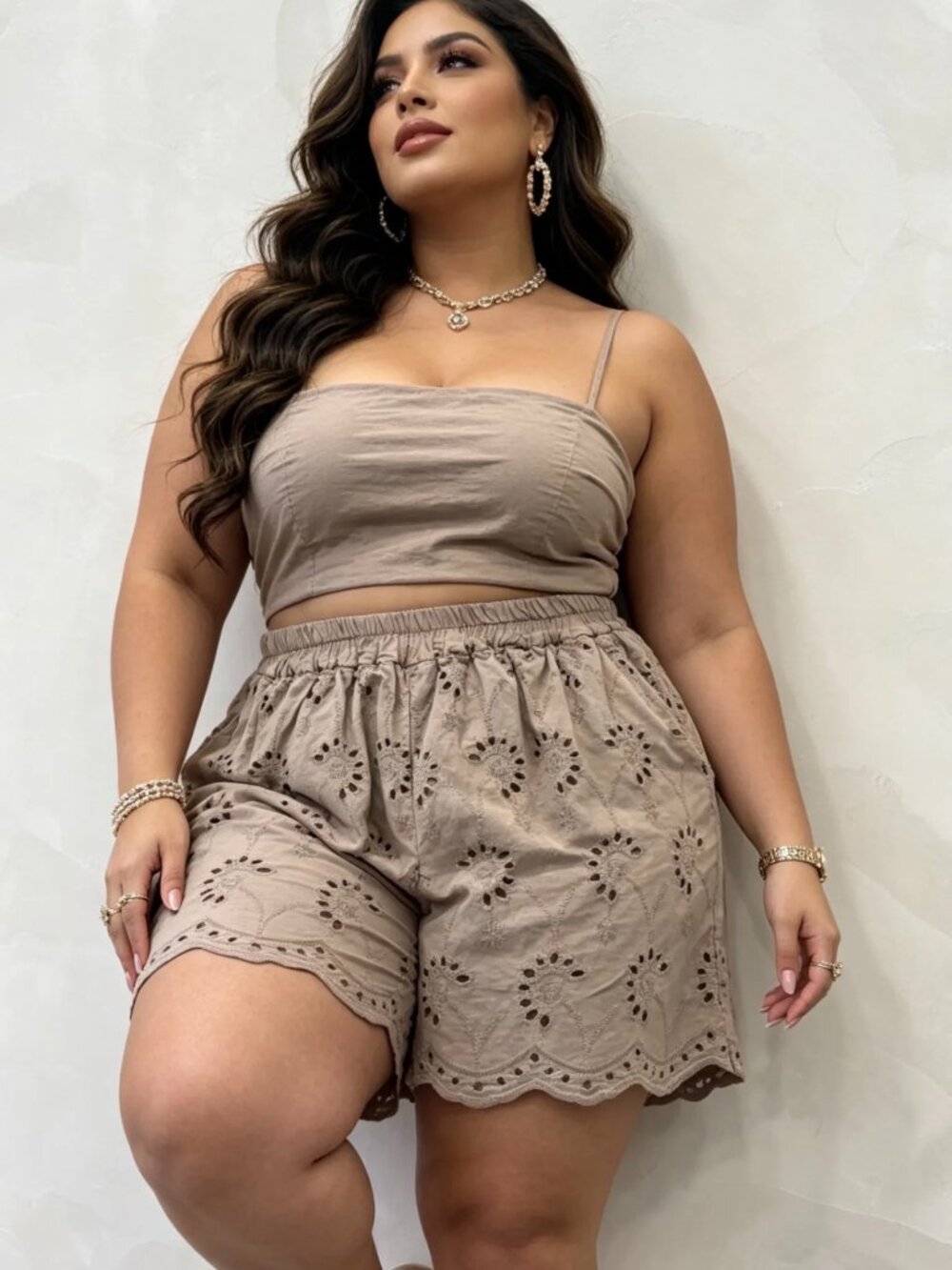 Made in Italy Plus Size Cotton Eyelet Embroidered Shorts in Taupe